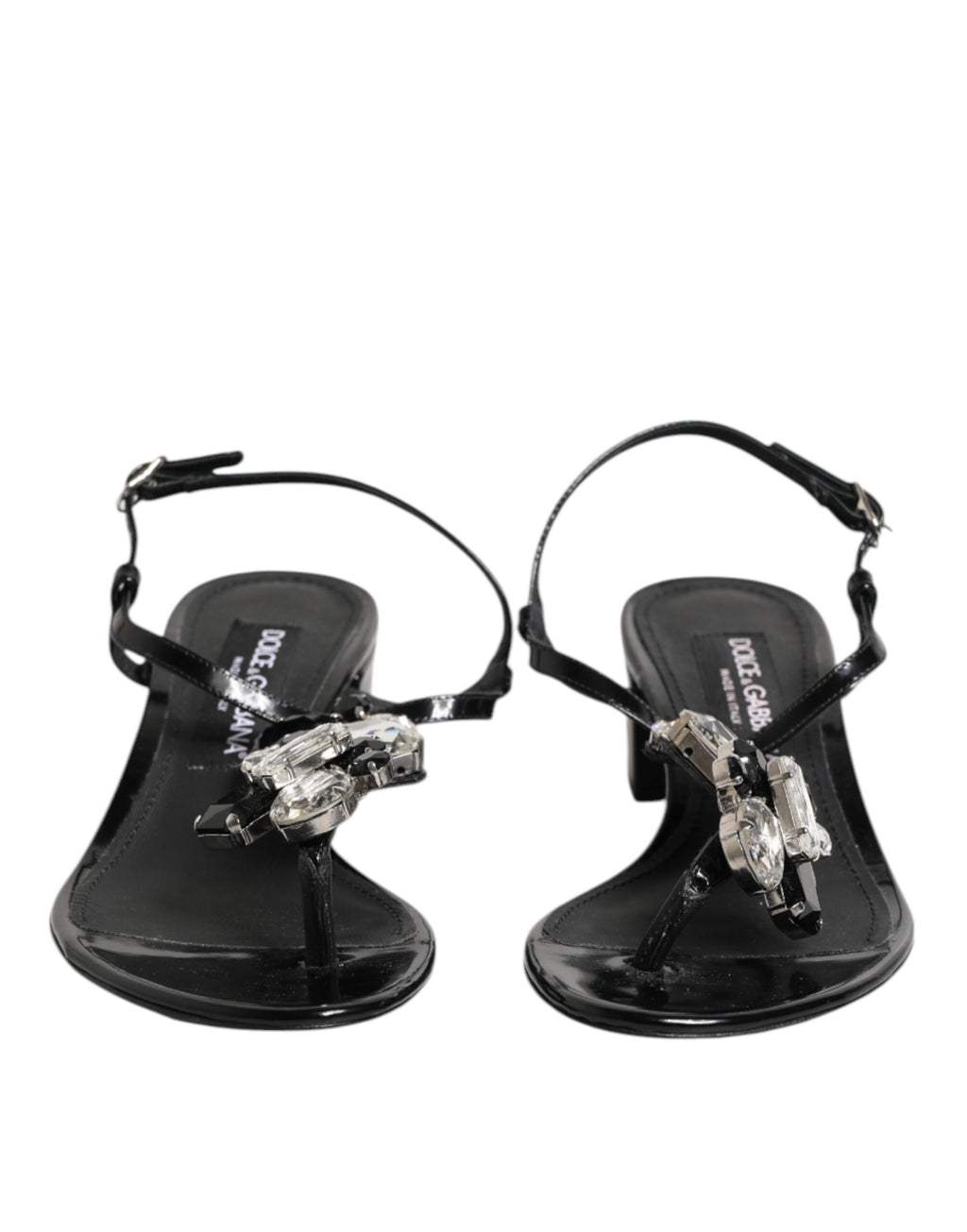 Black Leather Crystal Ankle Strap Sandals Shoes