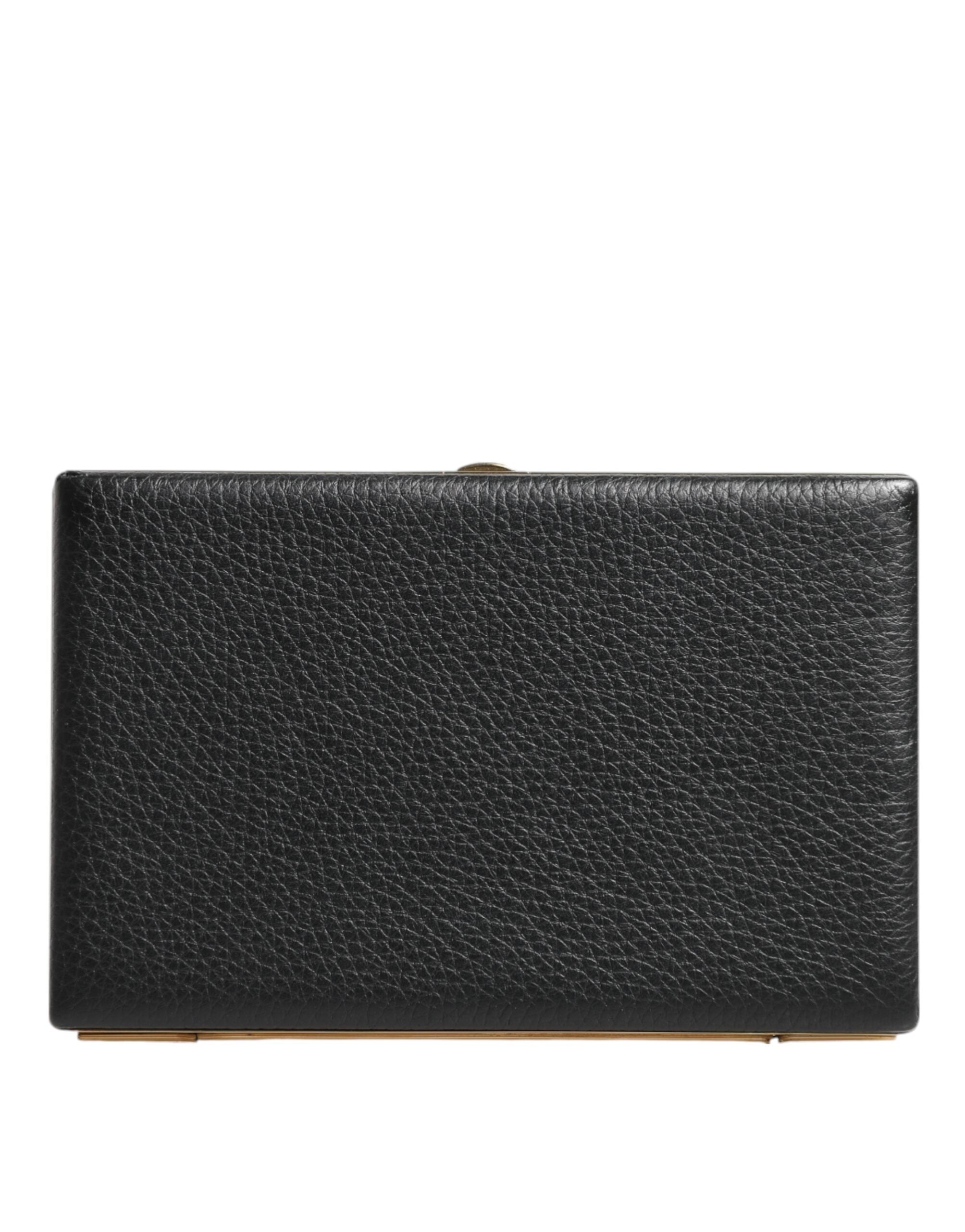 Black Leather Gold Frame Clutch Evening Party Purse Bag