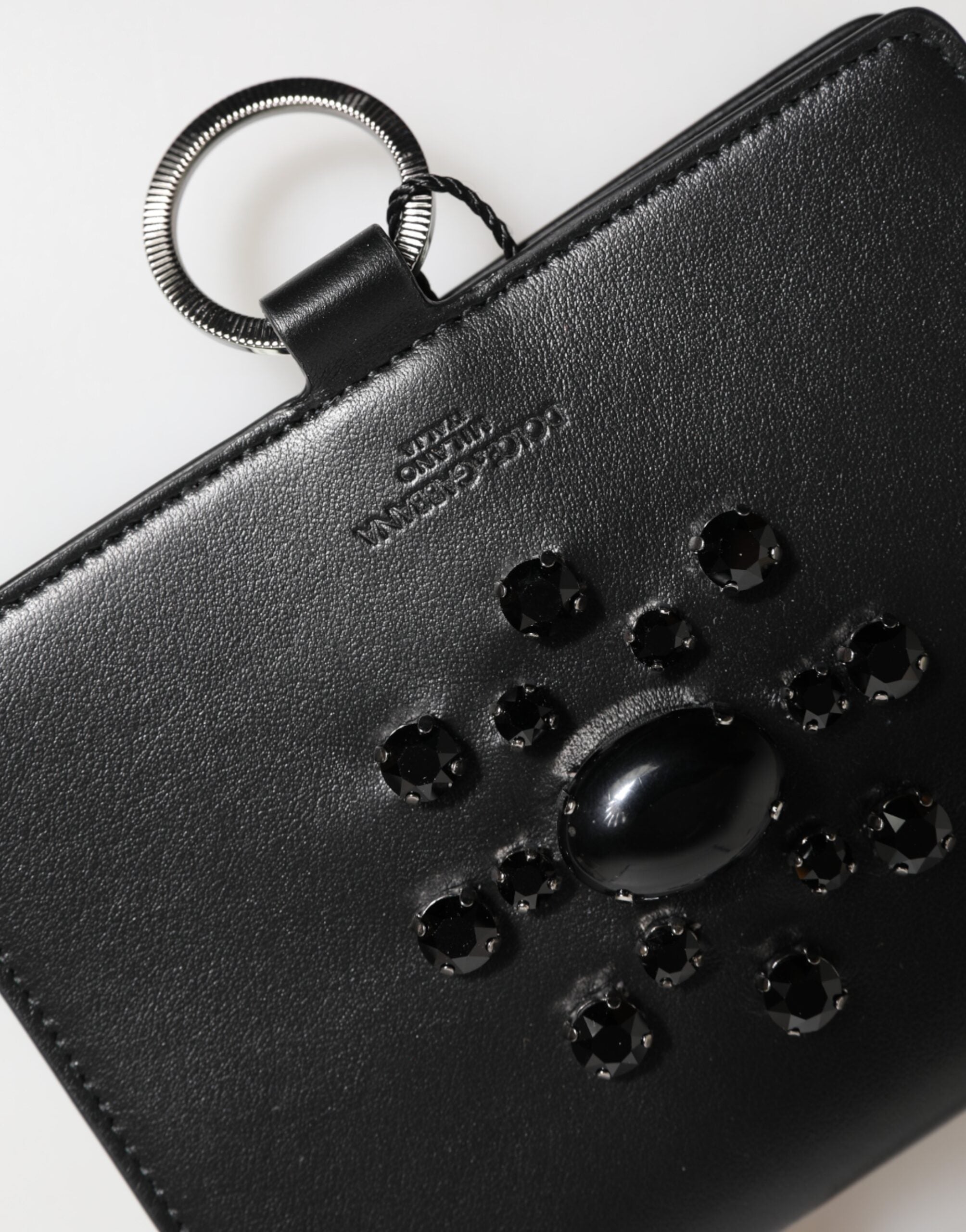 Black Leather Crystal Embellished Card Holder Wallet