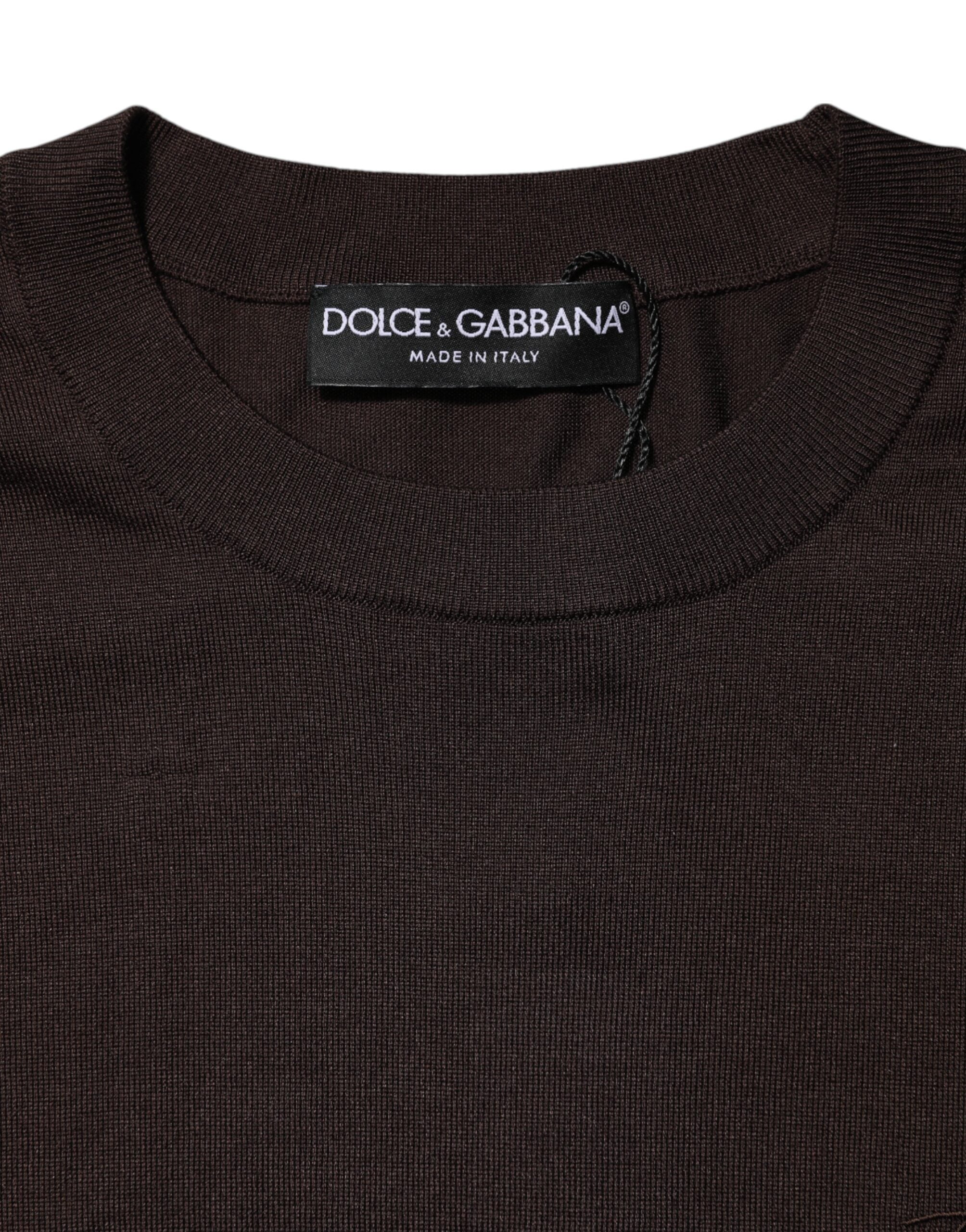 Brown Silk Crew Neck Short Sleeves T-shirt