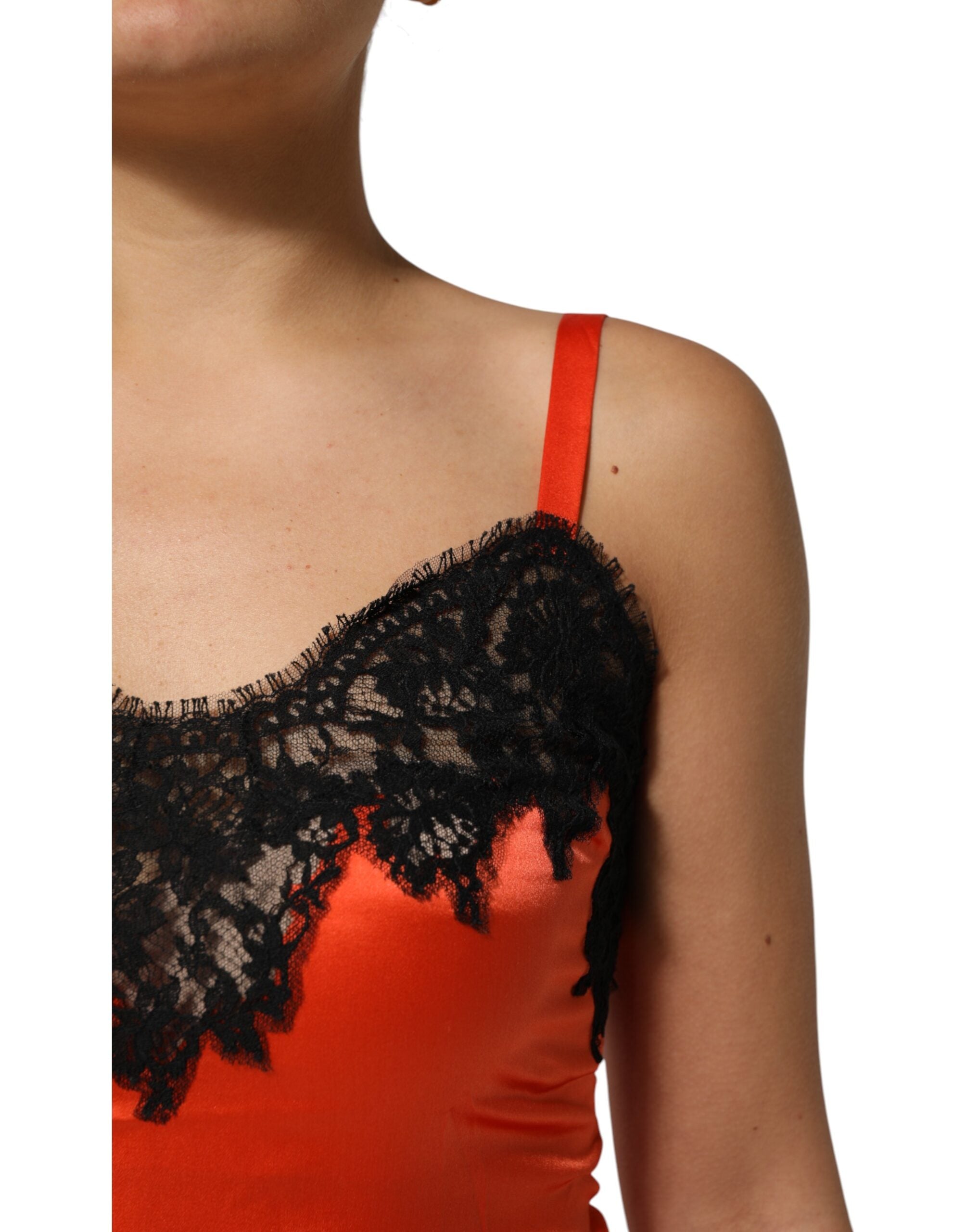 Red Black Lace Trim Silk Sleeveless Tank Top