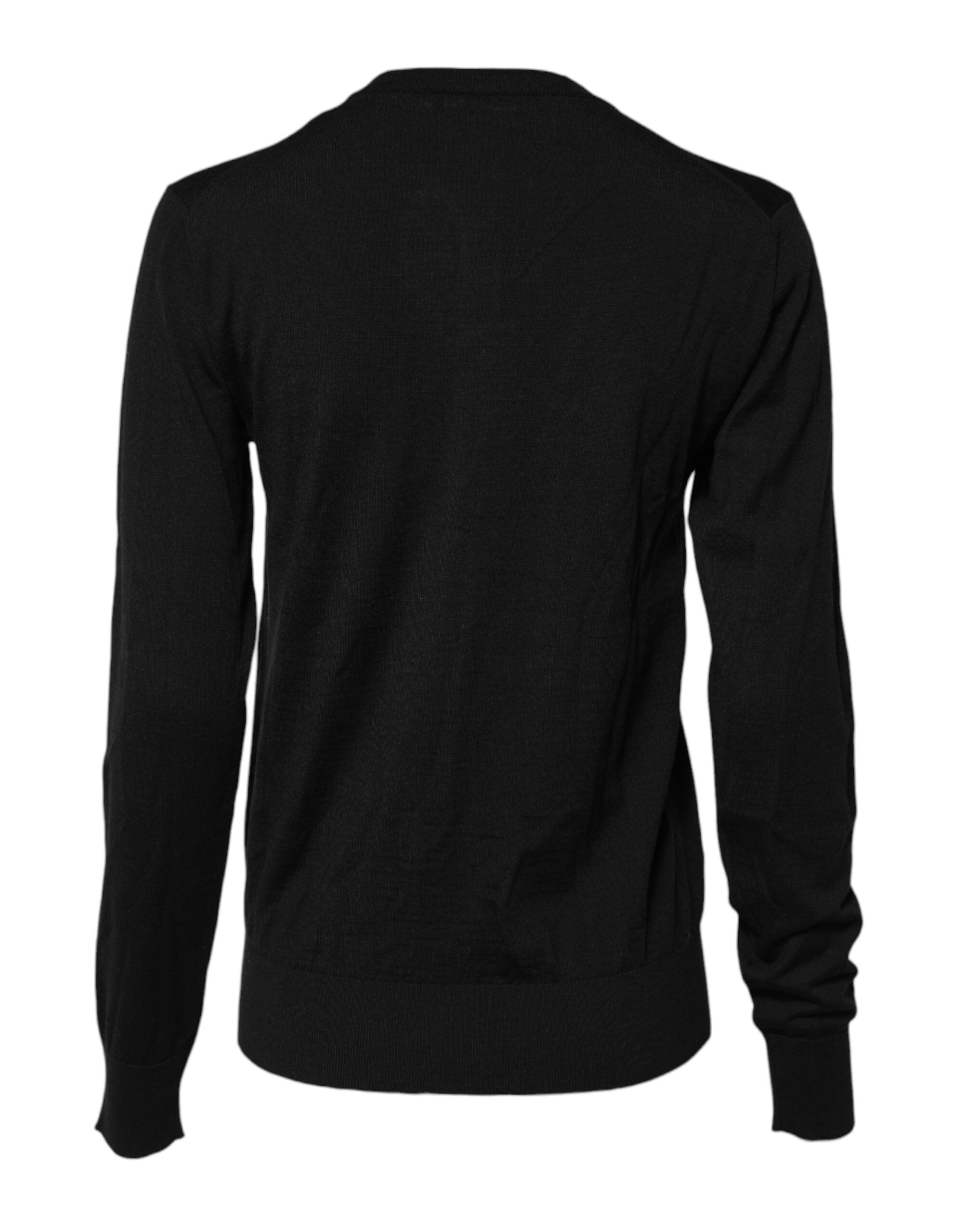 Black Wool Knit Round Neck Cardigan Sweater