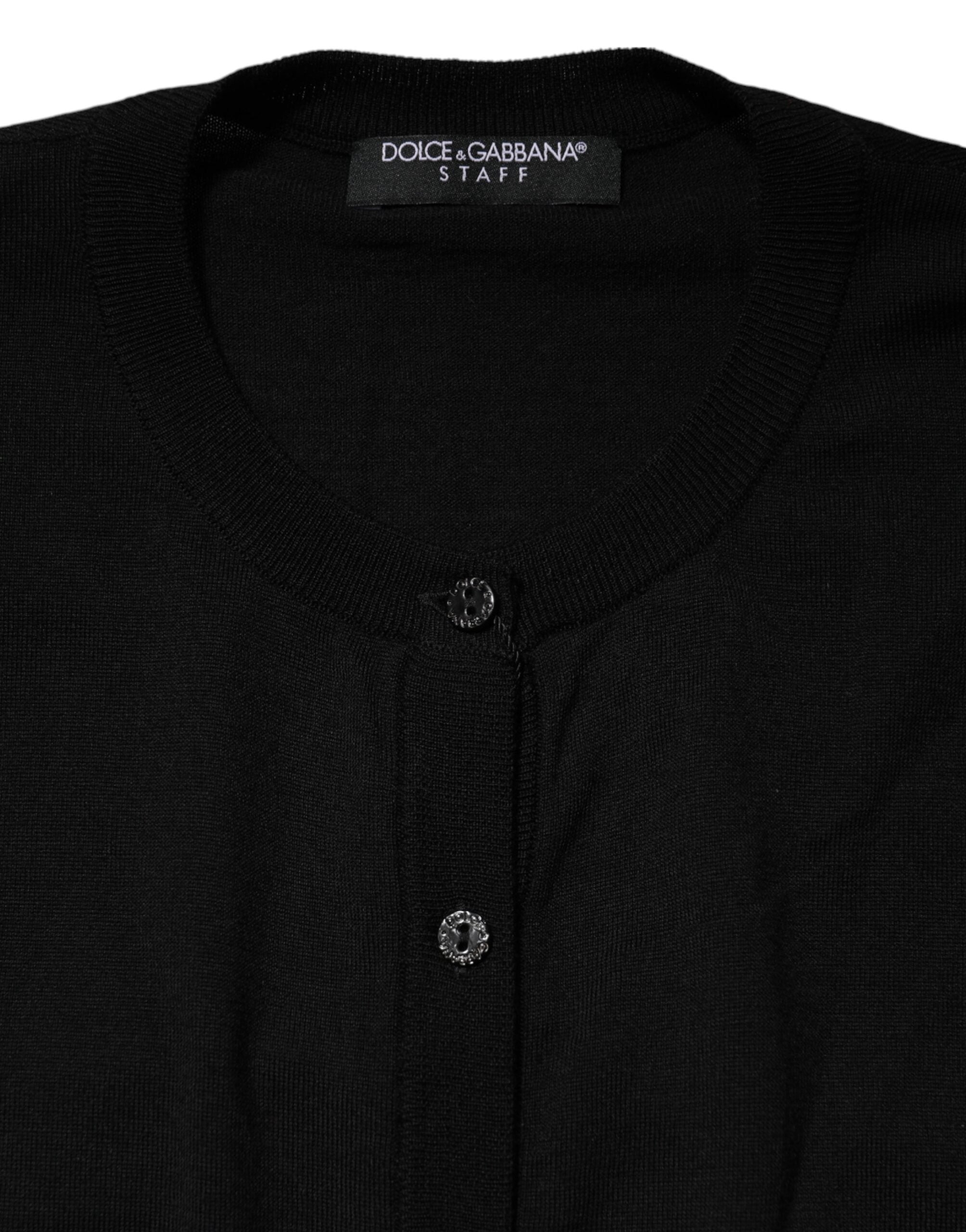 Black Wool Knit Round Neck Cardigan Sweater