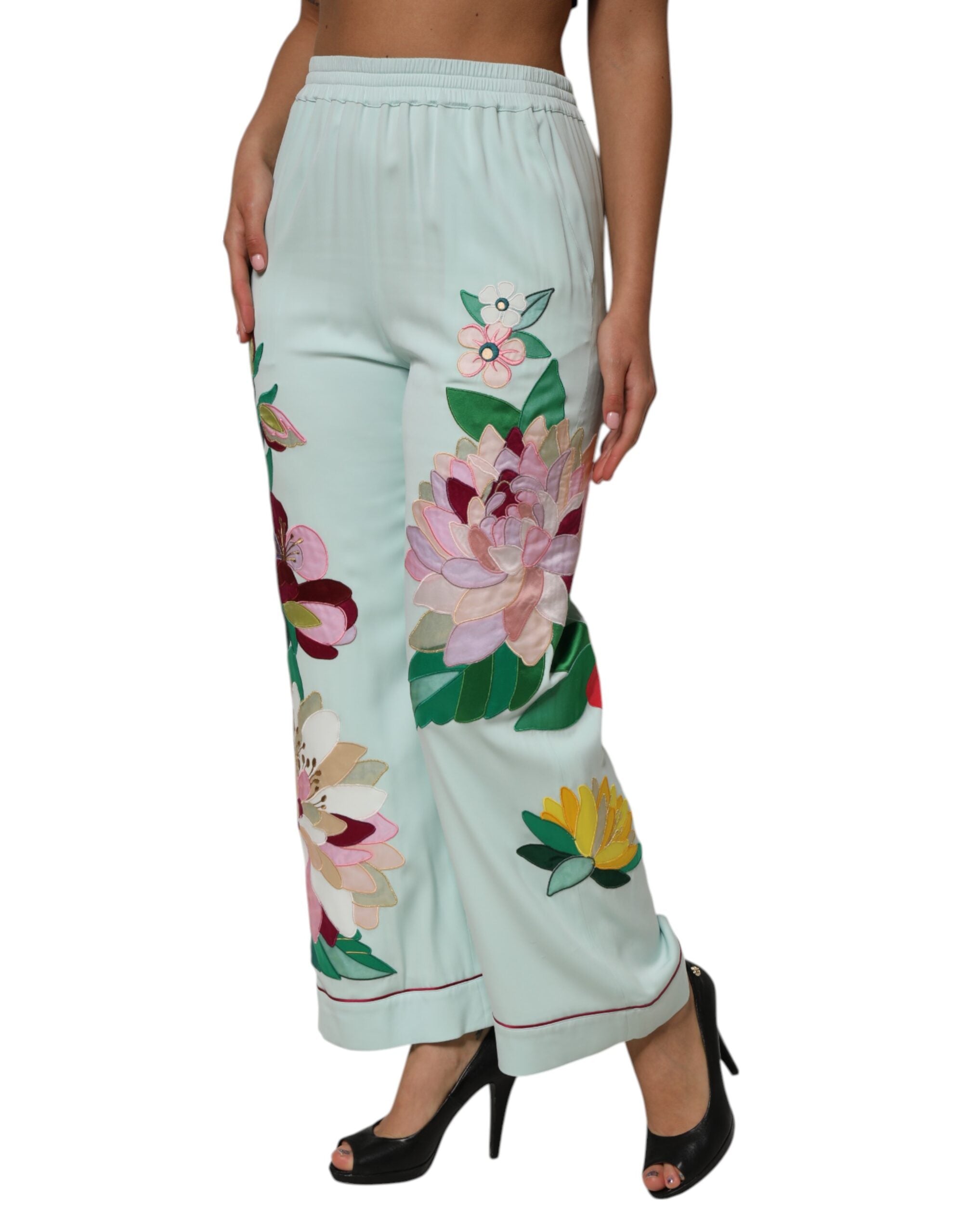 Green Floral Garterized Straight Pajama Pants