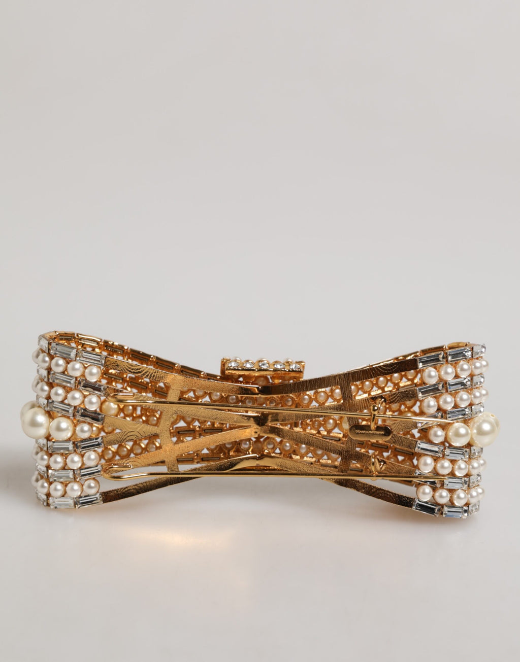 Gold Tone Brass Bow Crystal FauxPearl Embellished Brooch