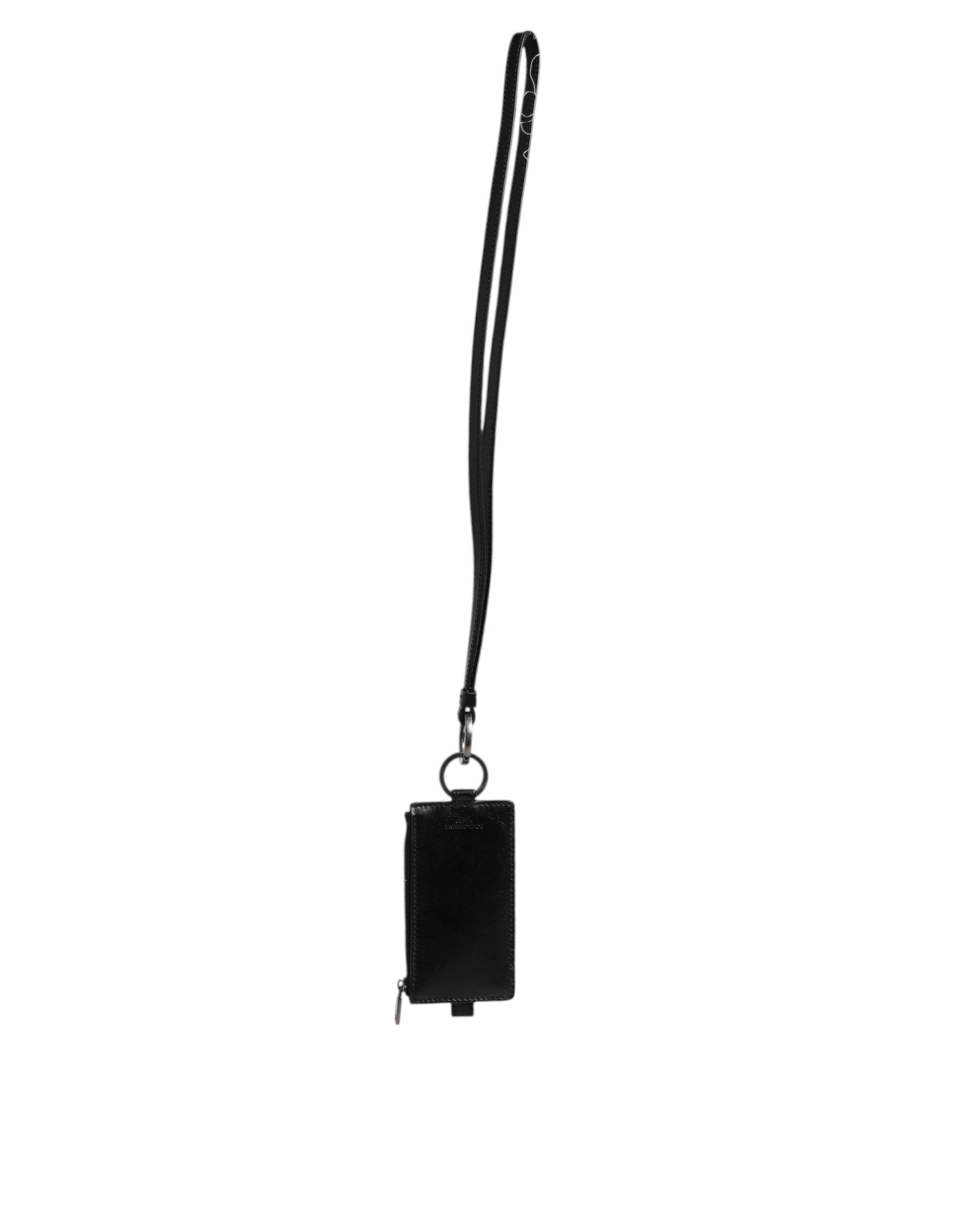 Black Leather Logo Embossed Lanyard Card Holder Wallet