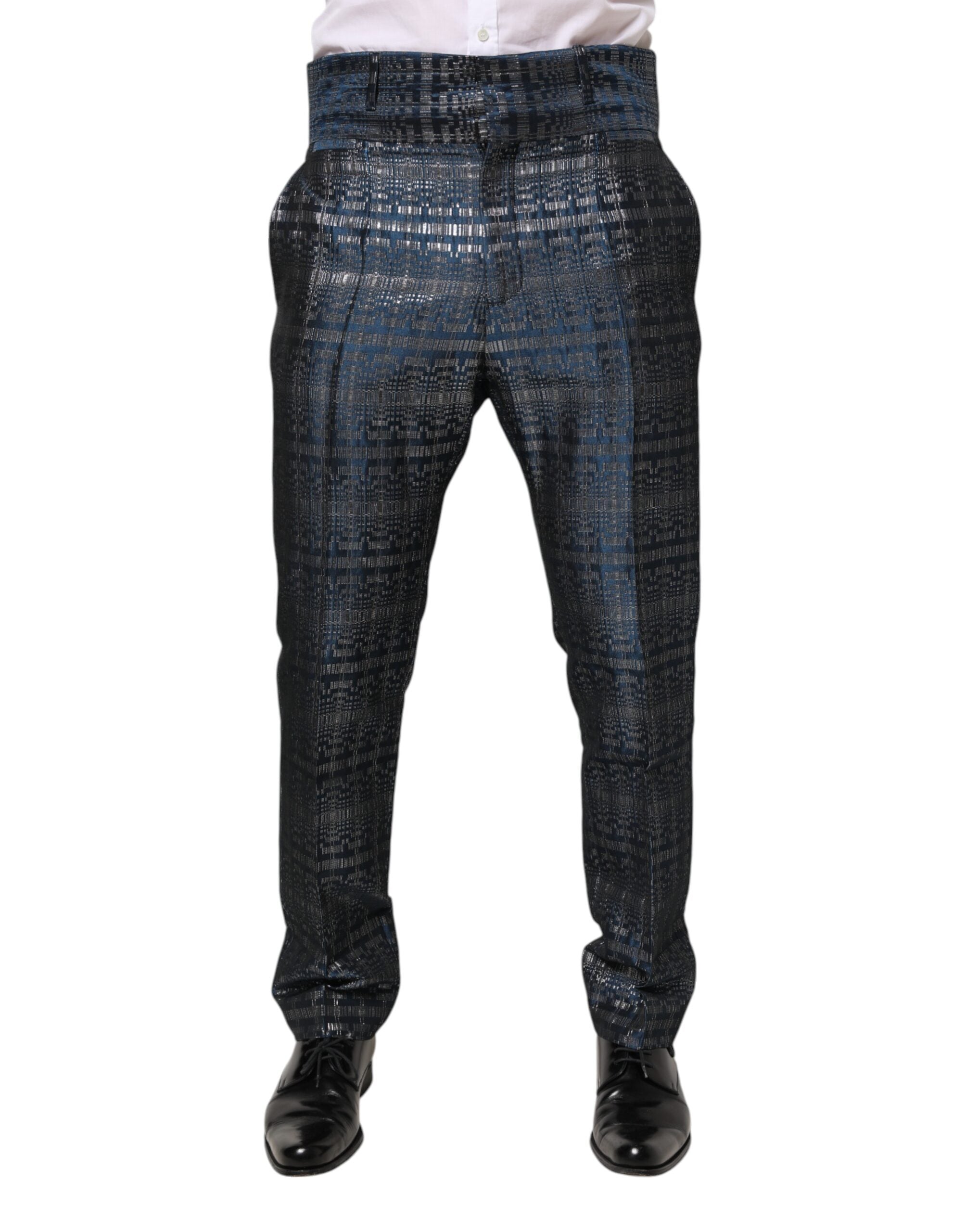 Blue Silver Shiny Silk Skinny Men Trouser Pants