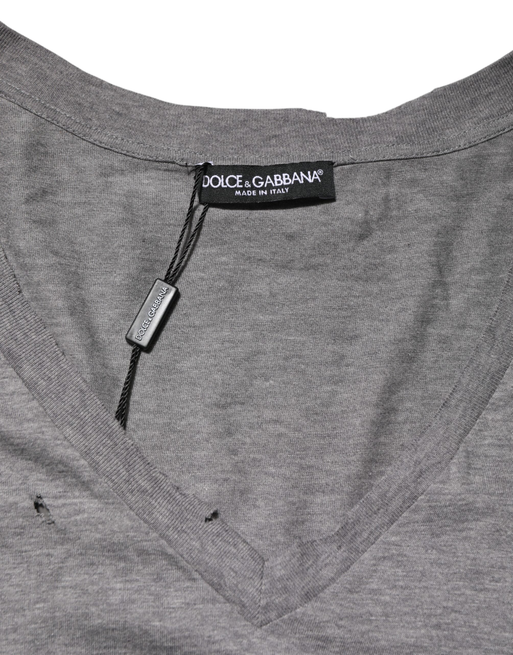 Gray Cotton Tattered Logo Patch Men T-shirt