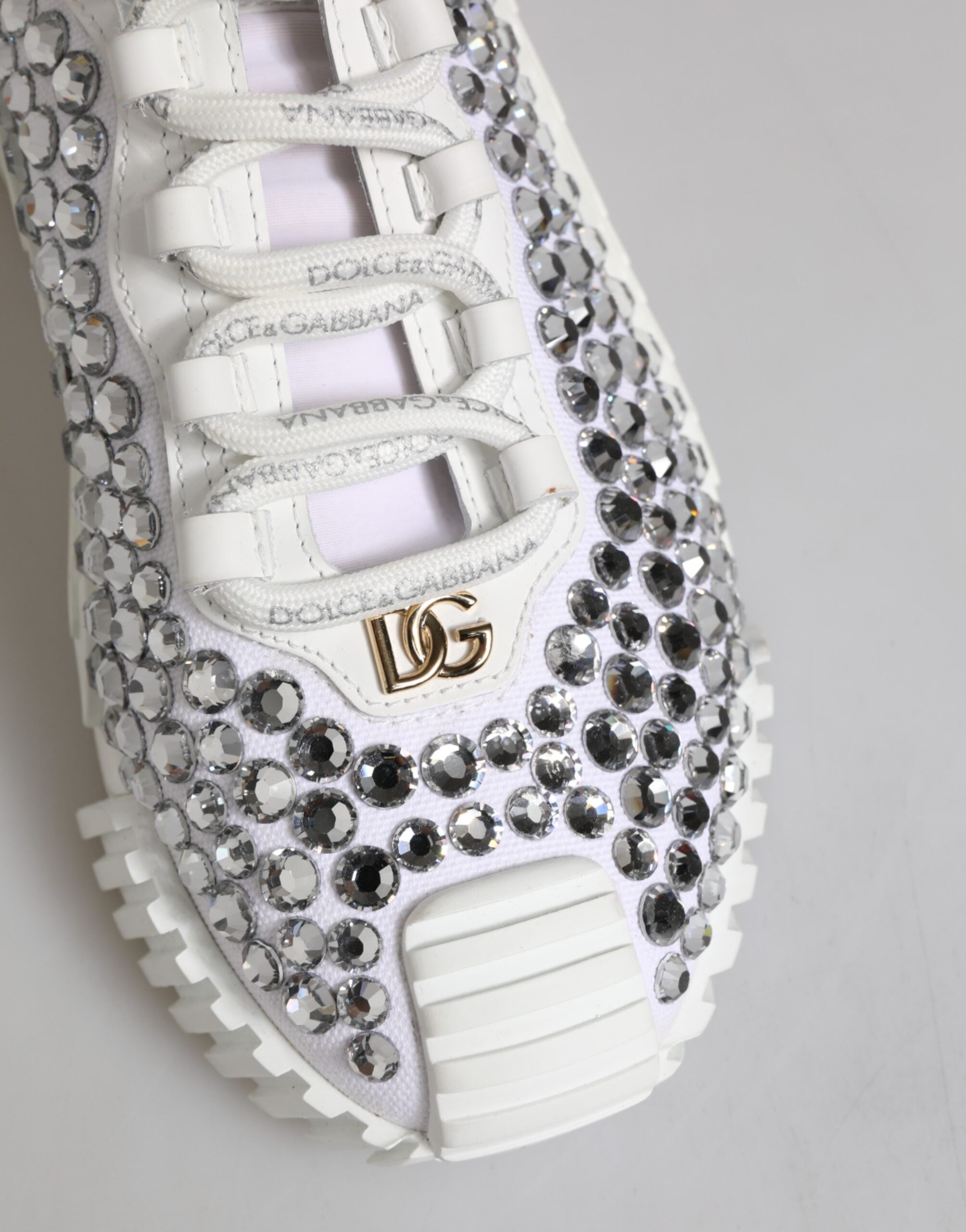 White NS1 Canvas Leather Embellished Sneakers Shoes