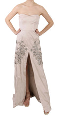 Beige Sequined Flower Flare Ball Gown Dress