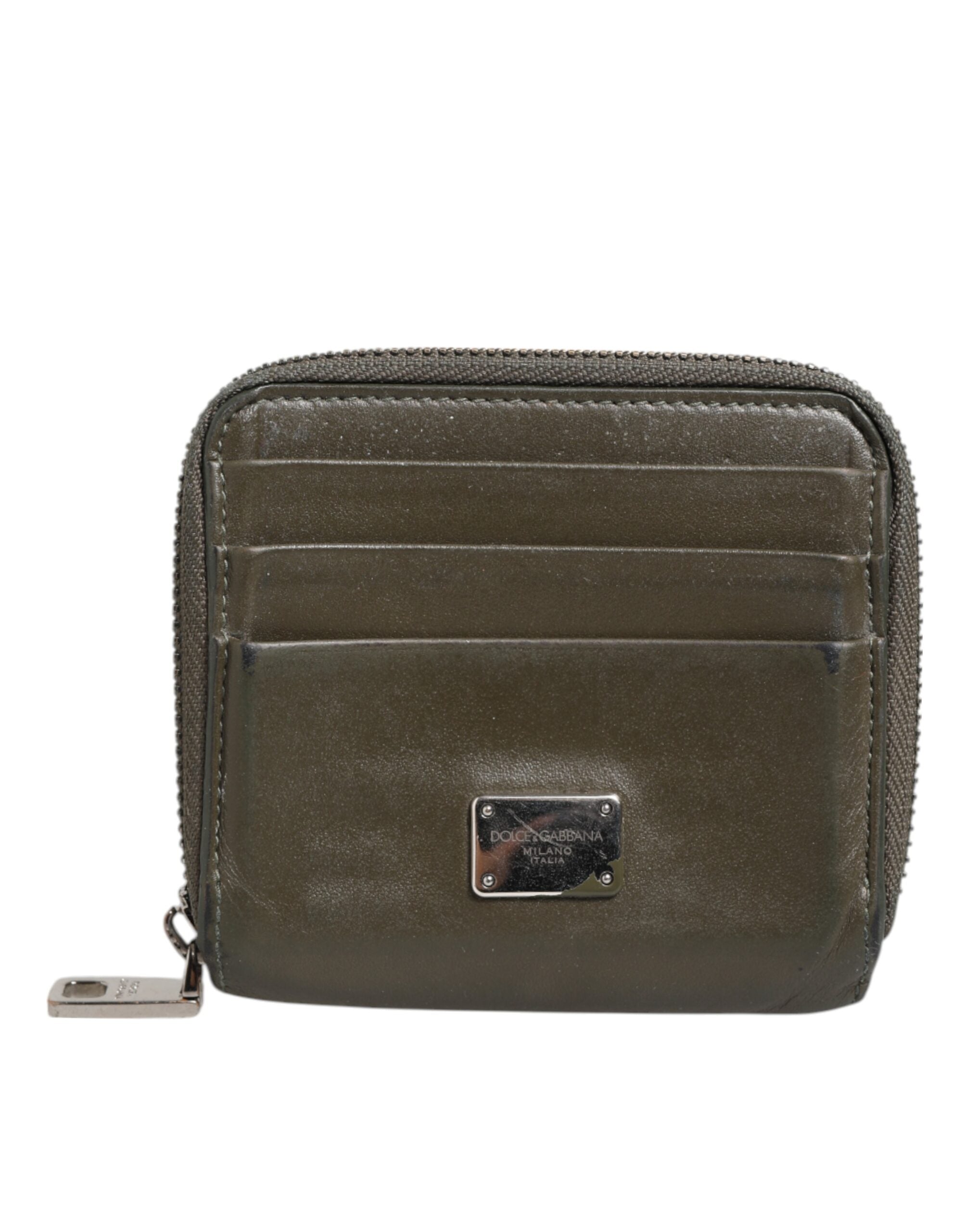 Military Green Leather Logo Plaque Card Holder Coin Purse Wallet