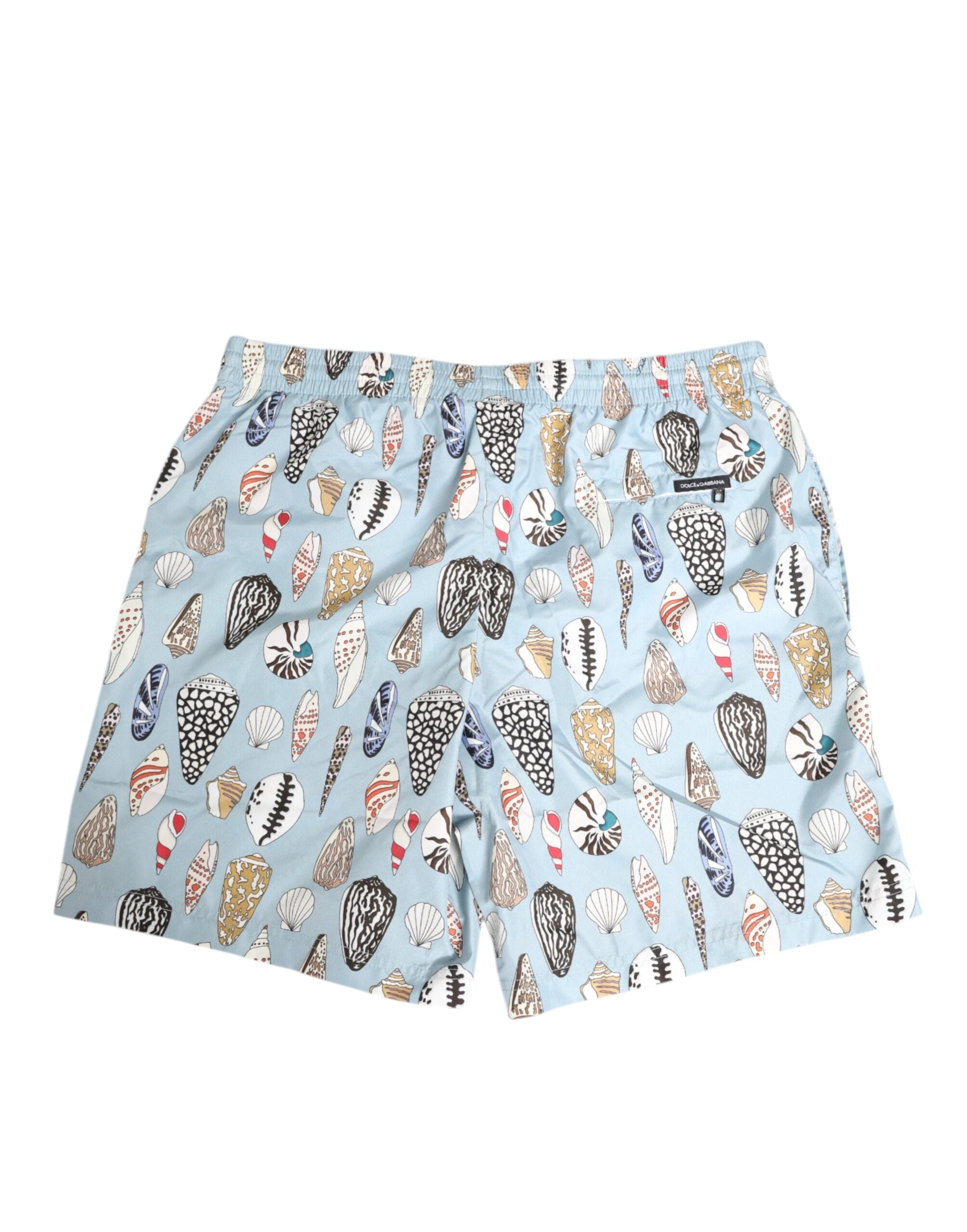 Blue Seashell Print Nylon Men Shorts Swimwear