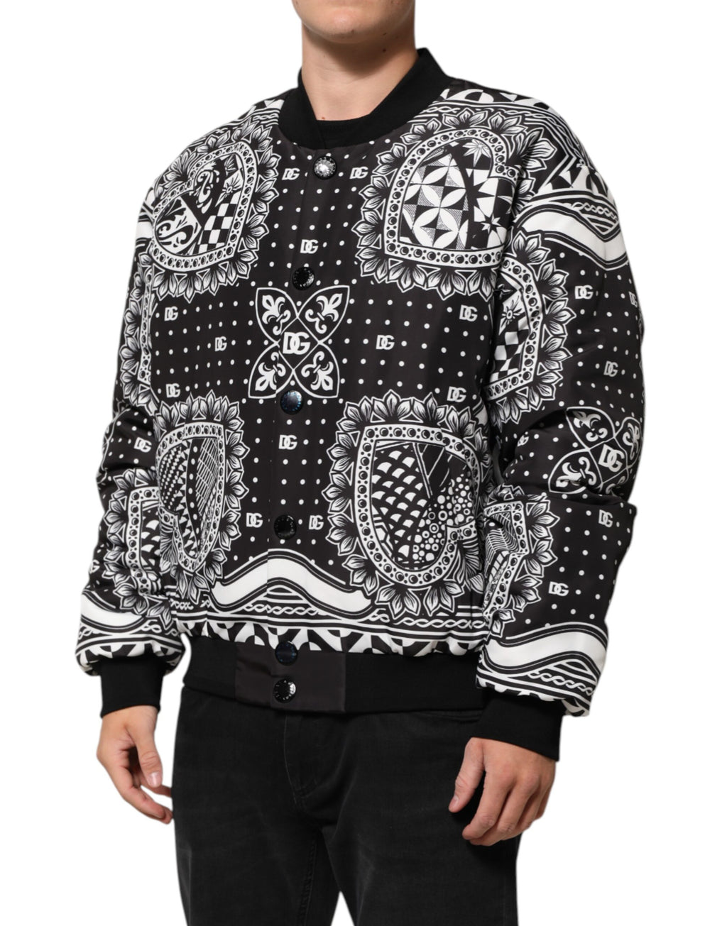 Black White Bandana Print Bomber Jacket