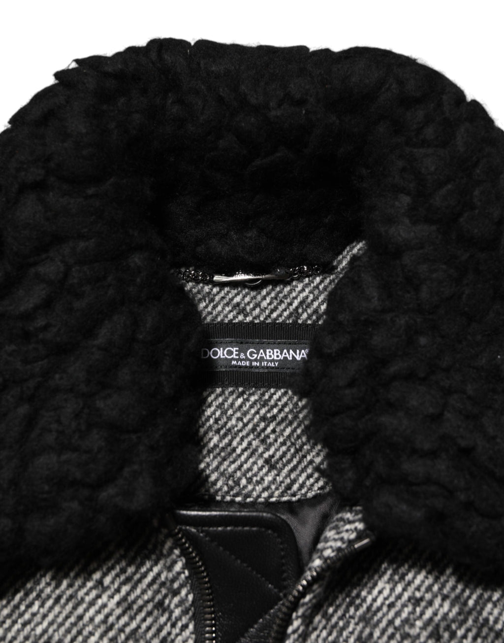 Gray Wool Herringbone Shearling Collar Bomber Jacket