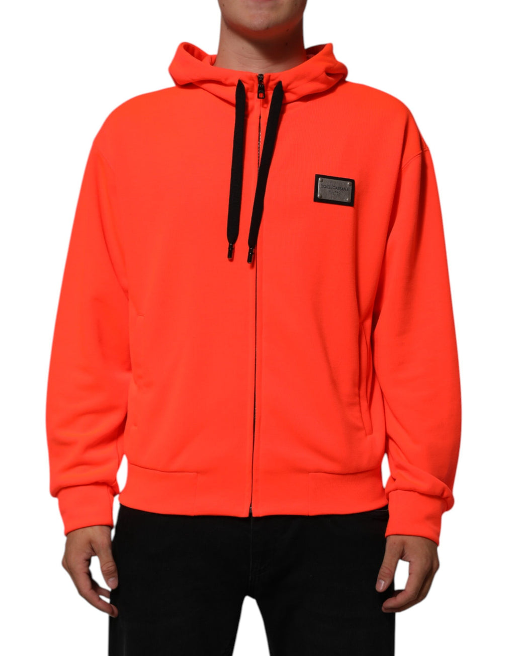 Red Fluorescent Polyester Logo Patch Hoodie Sweater