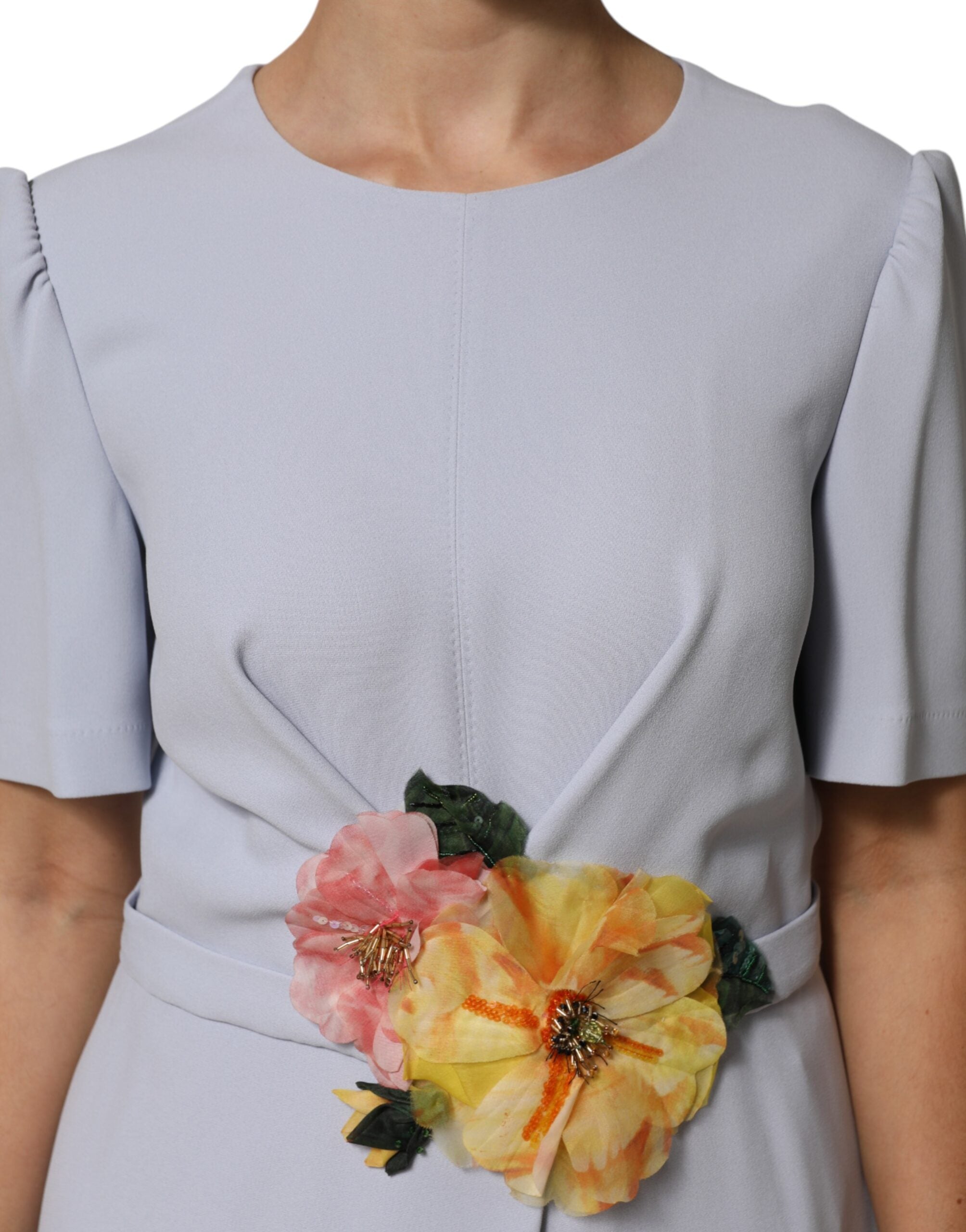Light Blue Viscose Blend Floral Applique Dress