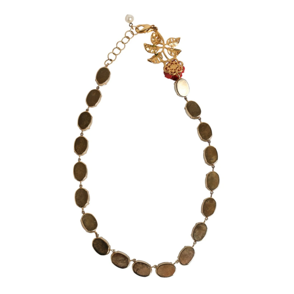 Red Rose Green Crystal Gold-Tone Chain Necklace