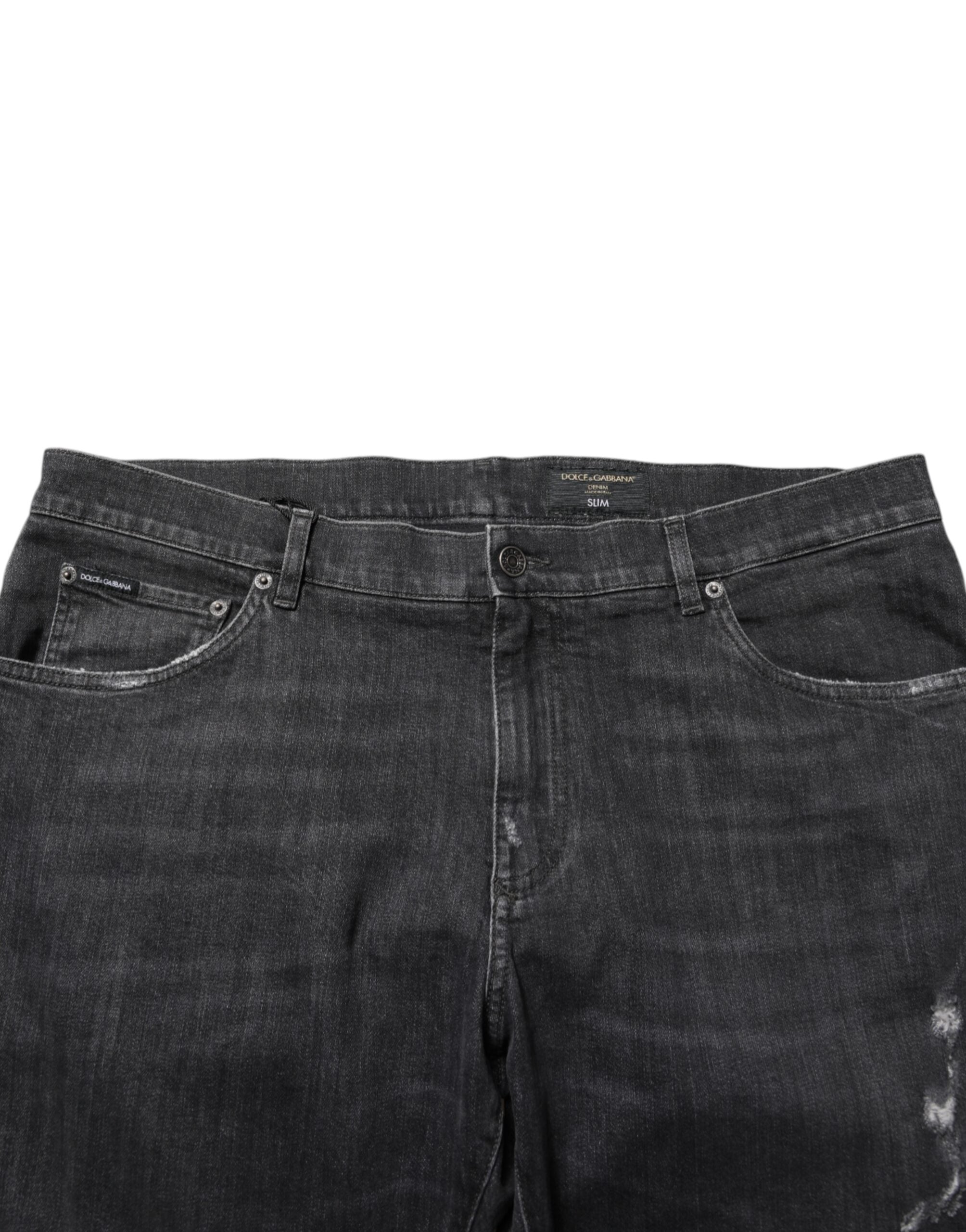 Black Cotton Slim Fit Distressed Ripped Logo Jeans