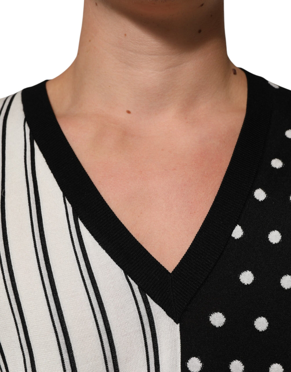 Black White Stripe Polka V-Neck Pullover Sweater