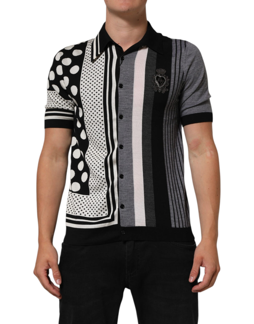 Black White Polka Dot Collared Polo T-shirt
