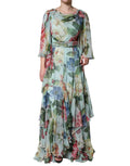 Blue Floral Print Tiered Long Maxi Dress