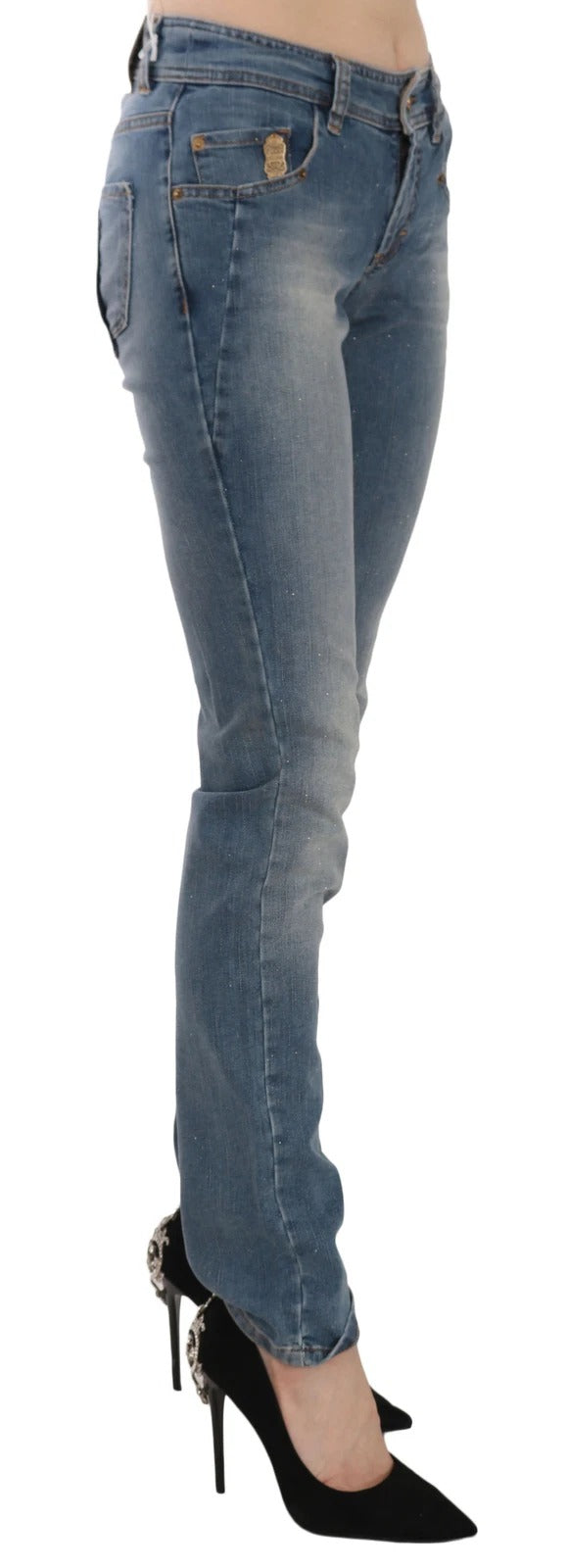 Blue Washed Mid Waist Skinny Casual Denim Pants