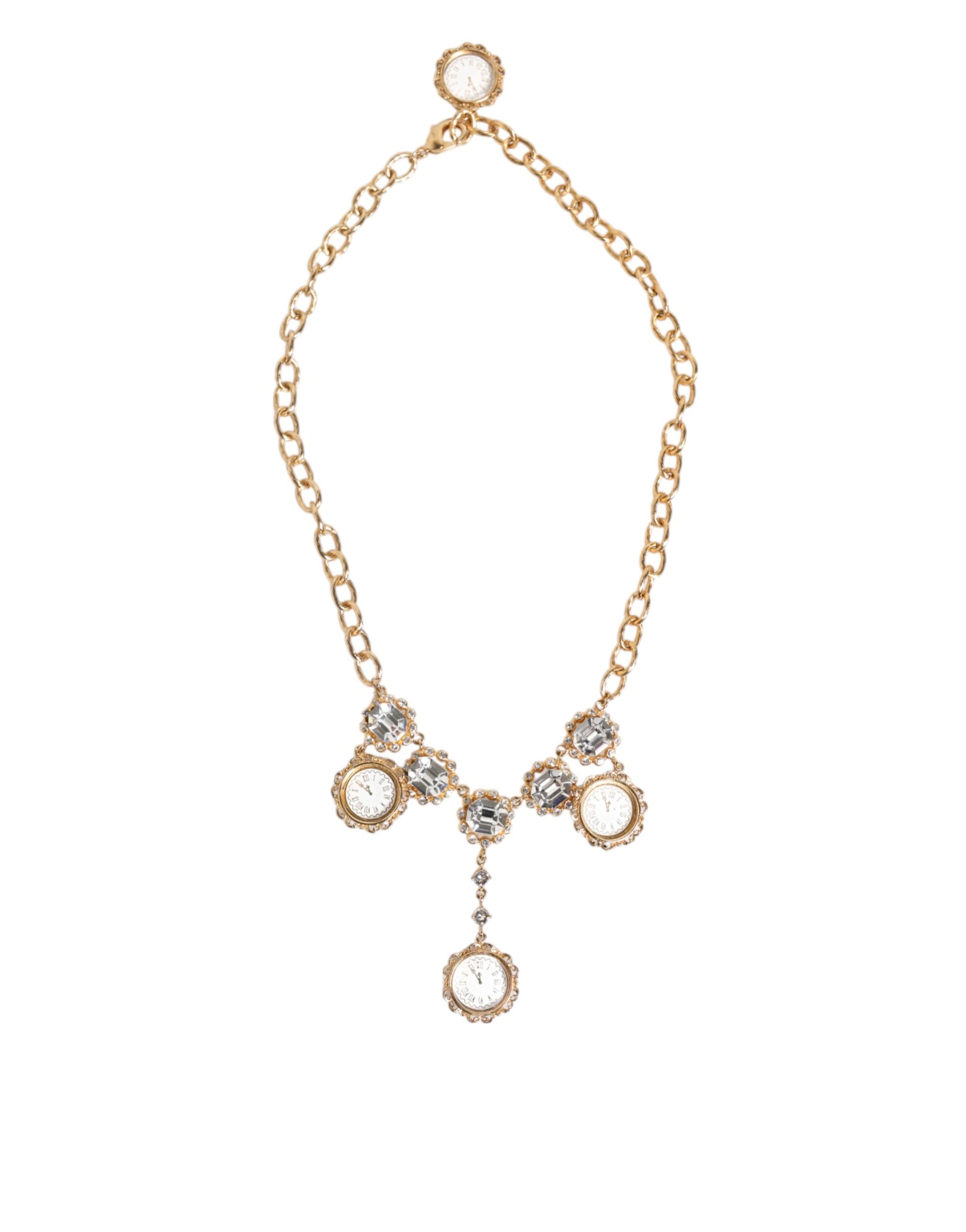 Gold Crystal Clock Pendant Statement Jewelry Necklace