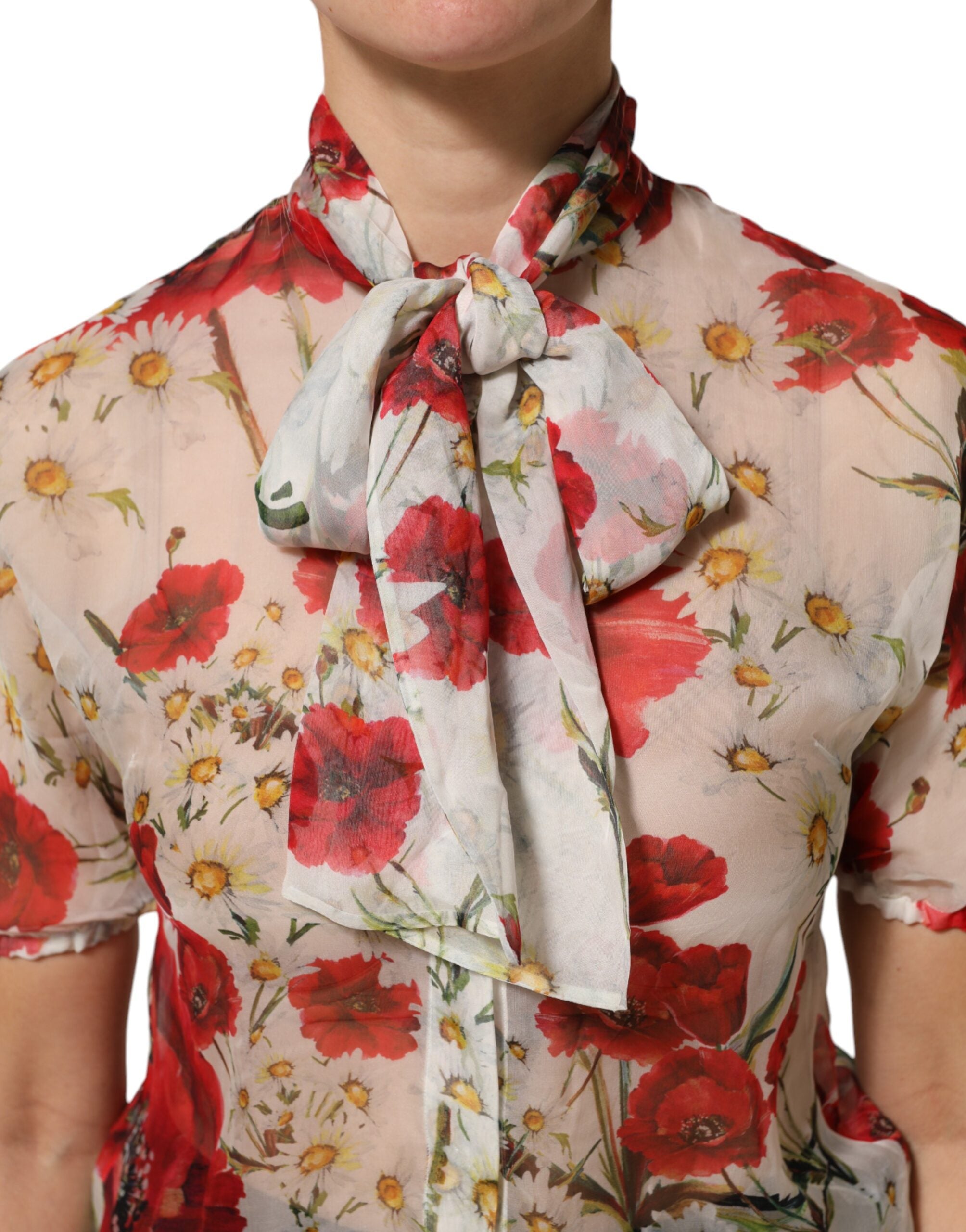 White Floral Tie-Neck Poppy Print Blouse Top