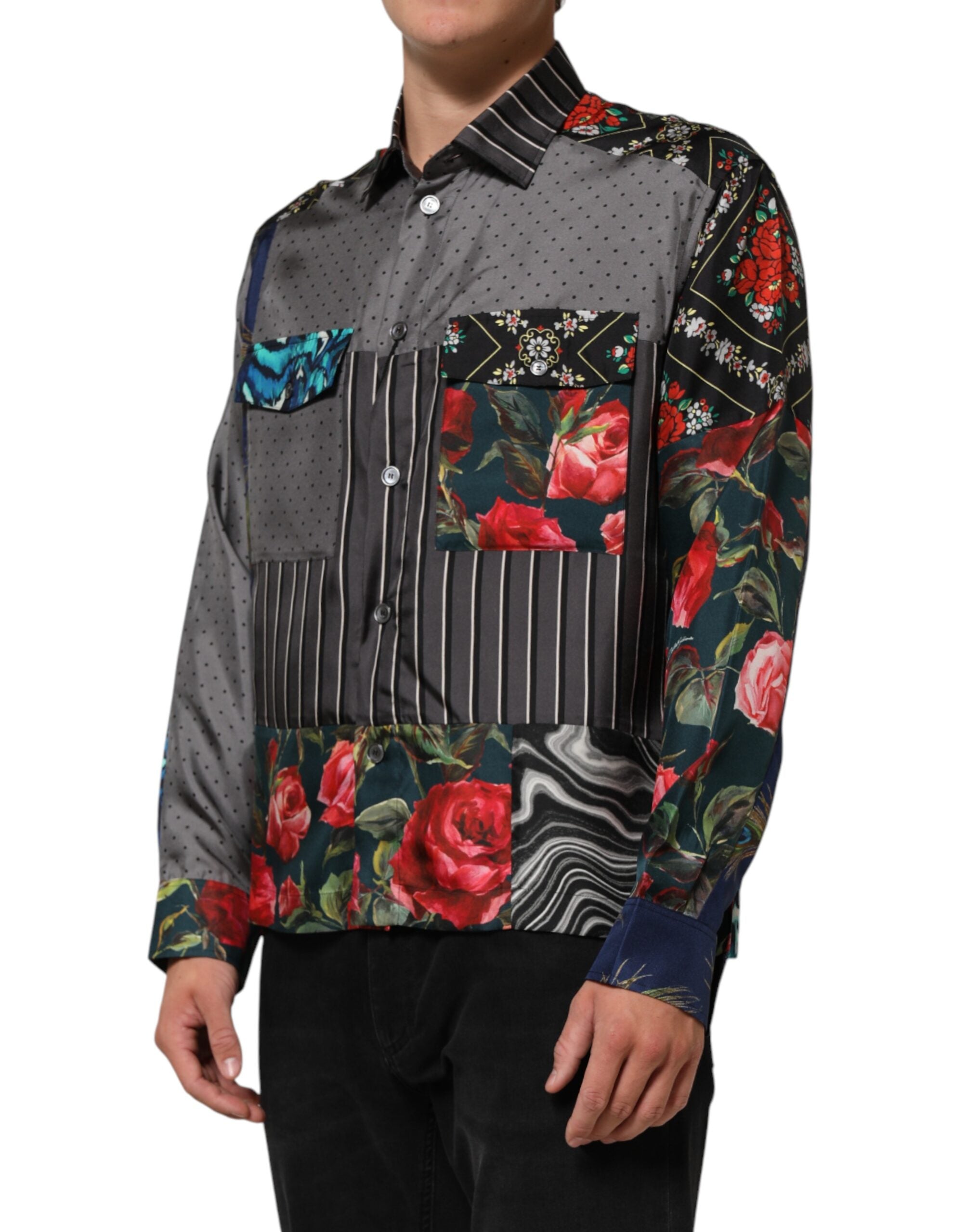 Multicolor Patchwork Long Sleeves Silk Shirt