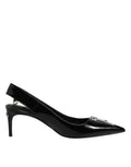 Black Zipper Leather Heels Slingbacks Shoes