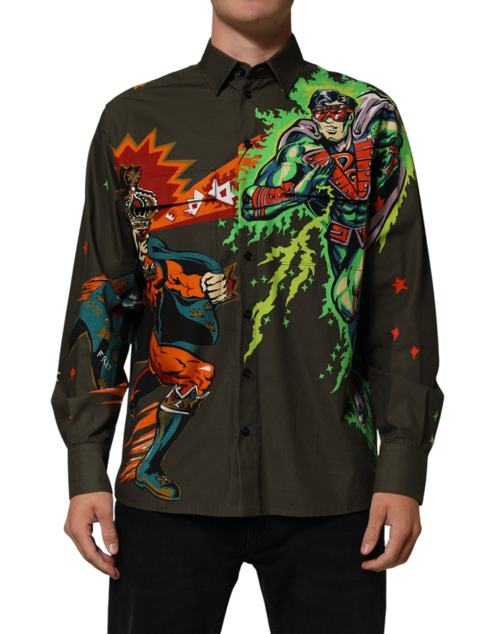 Brown Superhero Print Button Down Shirt