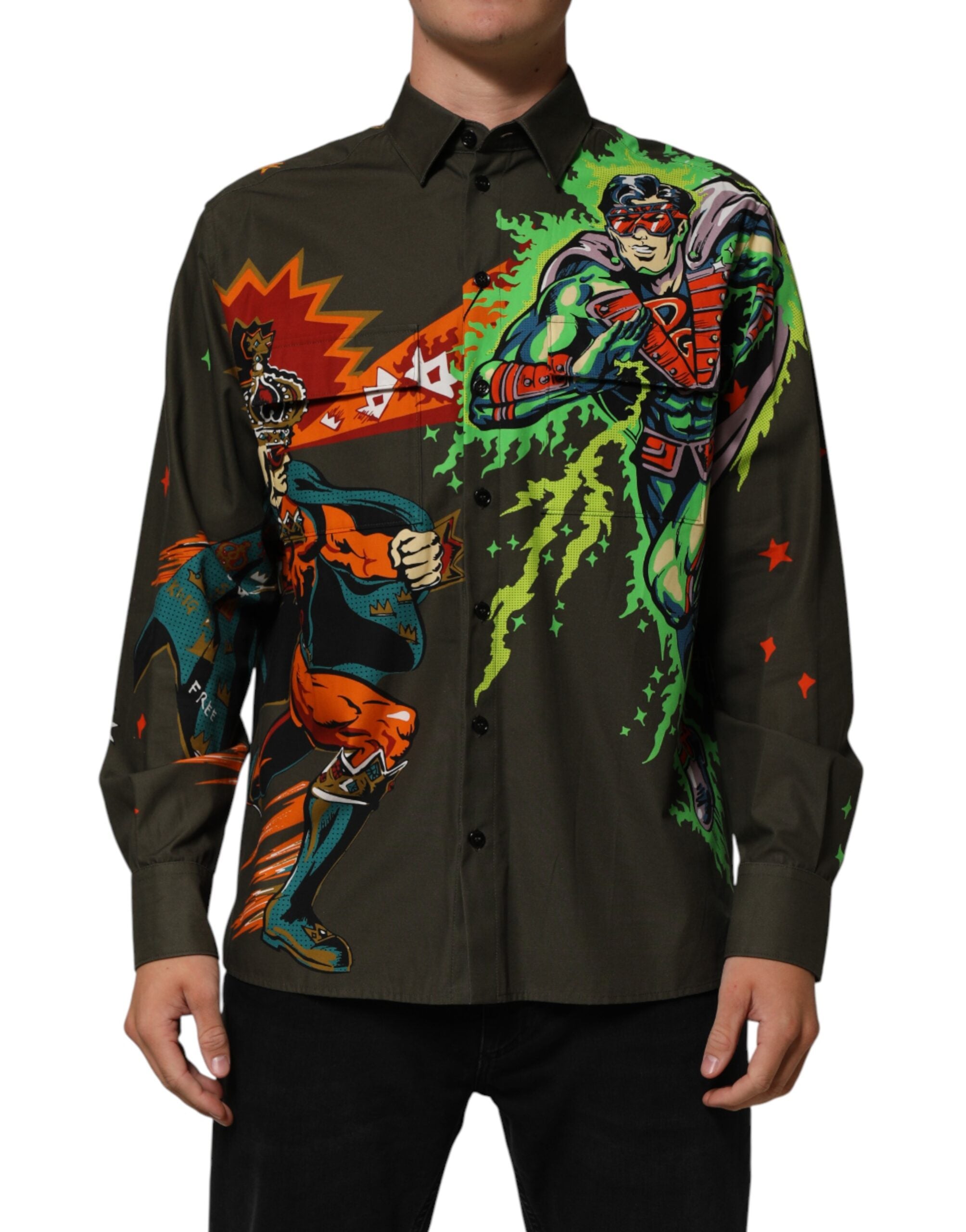 Brown Superhero Print Button Down Shirt
