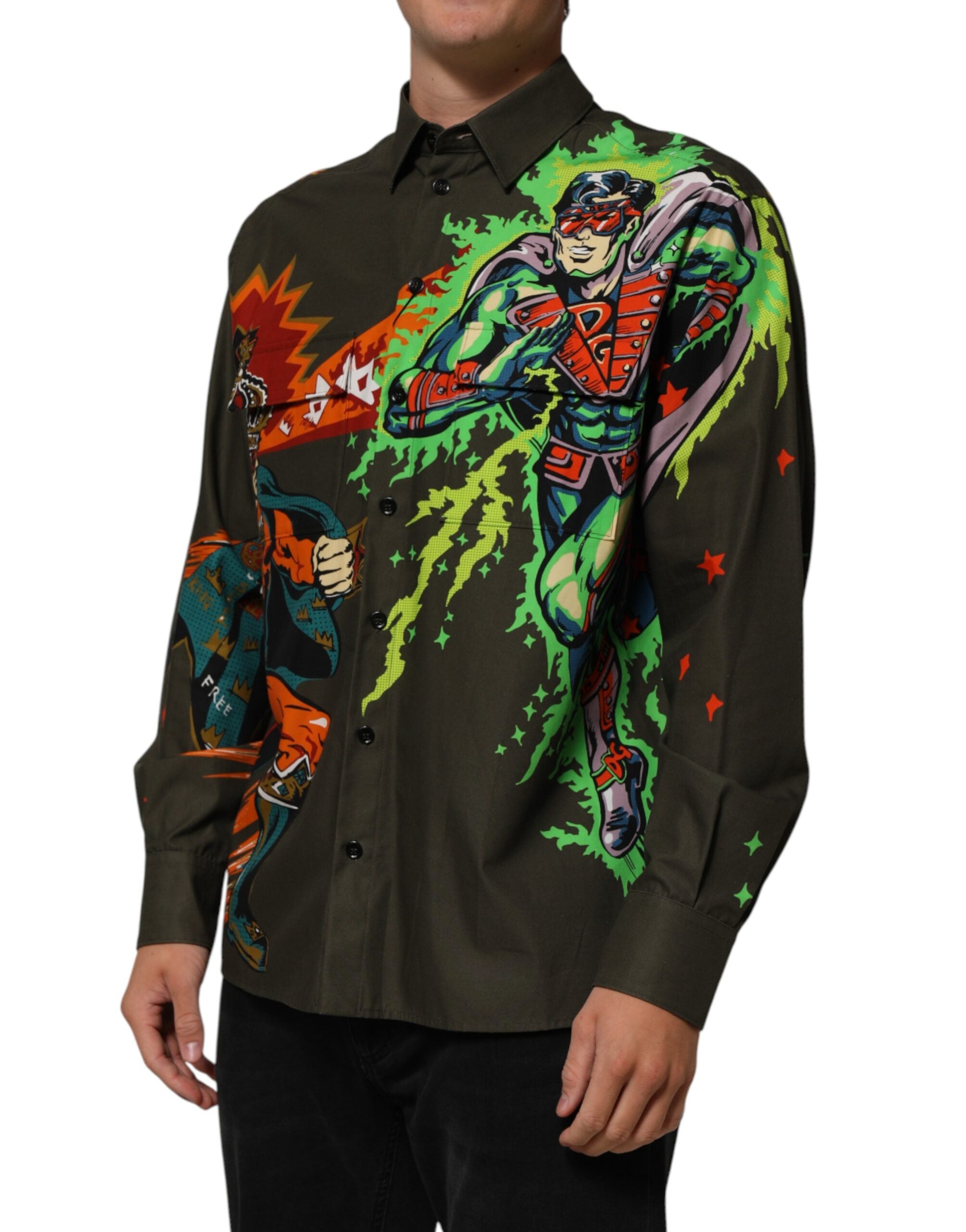 Brown Superhero Print Button Down Shirt