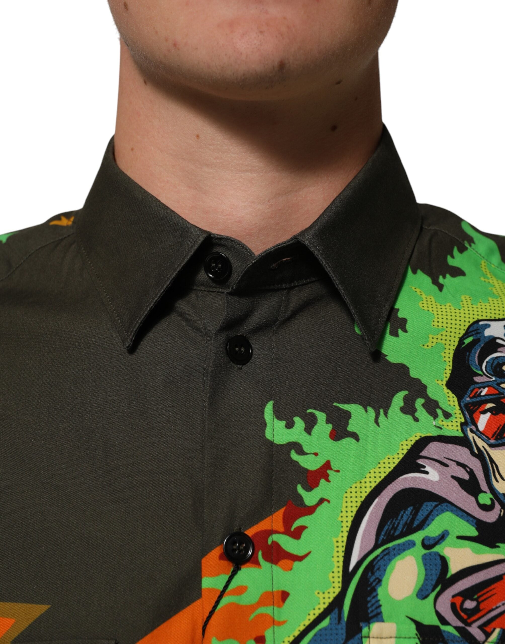 Brown Superhero Print Button Down Shirt