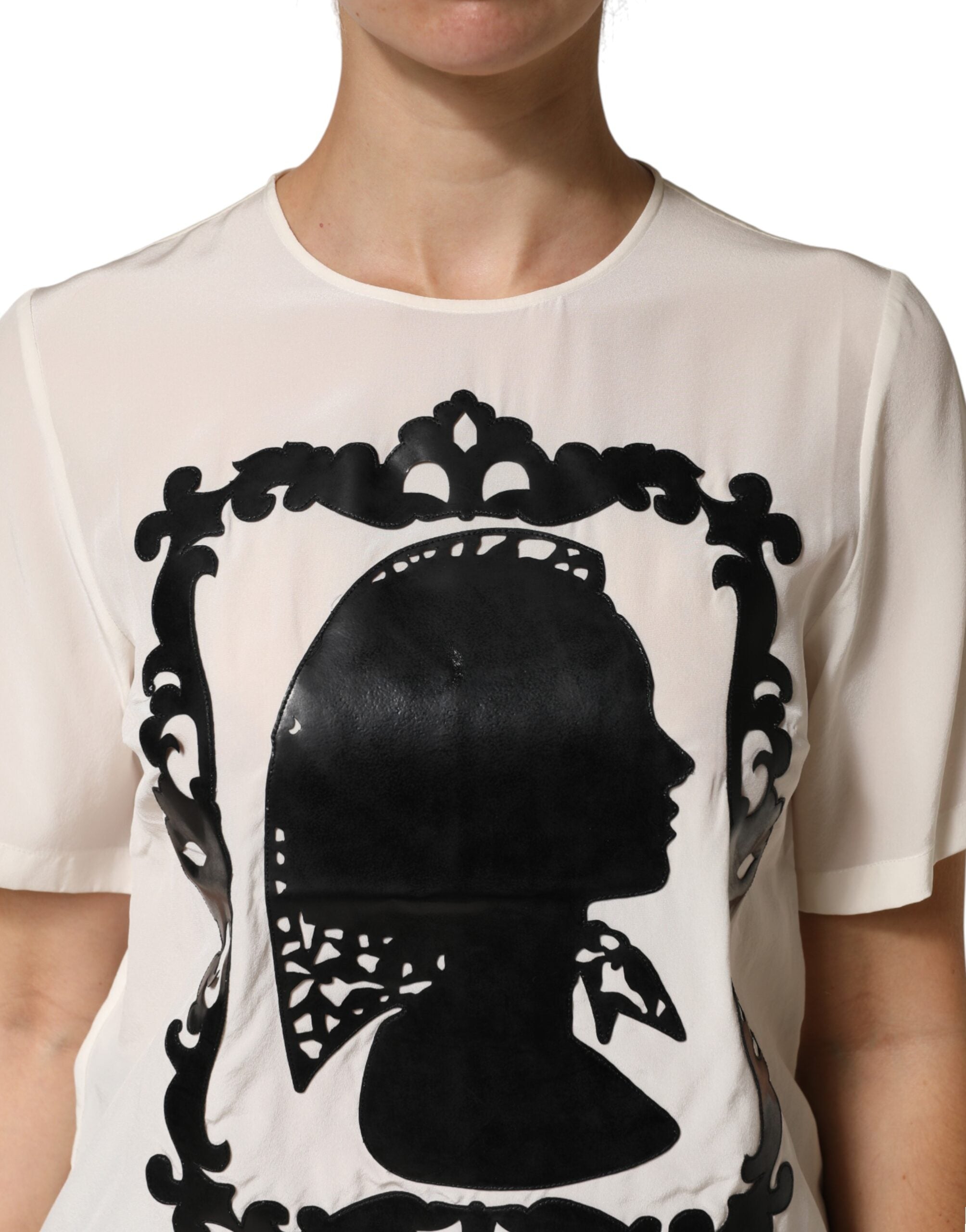 Cream Silk Silhouette Detail Short Sleeve Top