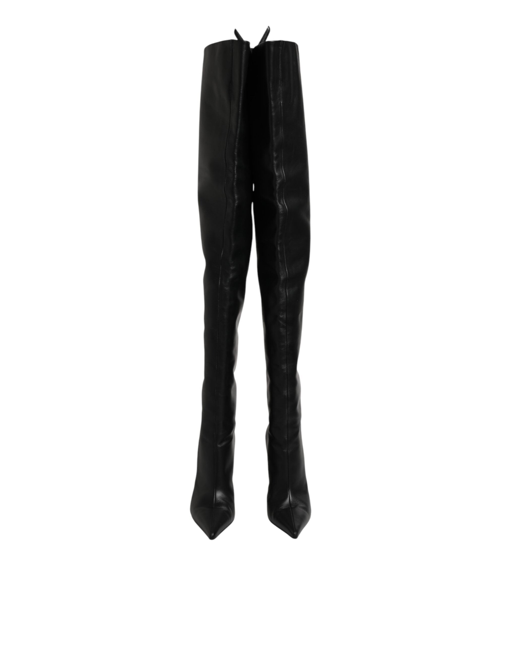 Black Leather Stiletto Knee High Boots Shoes