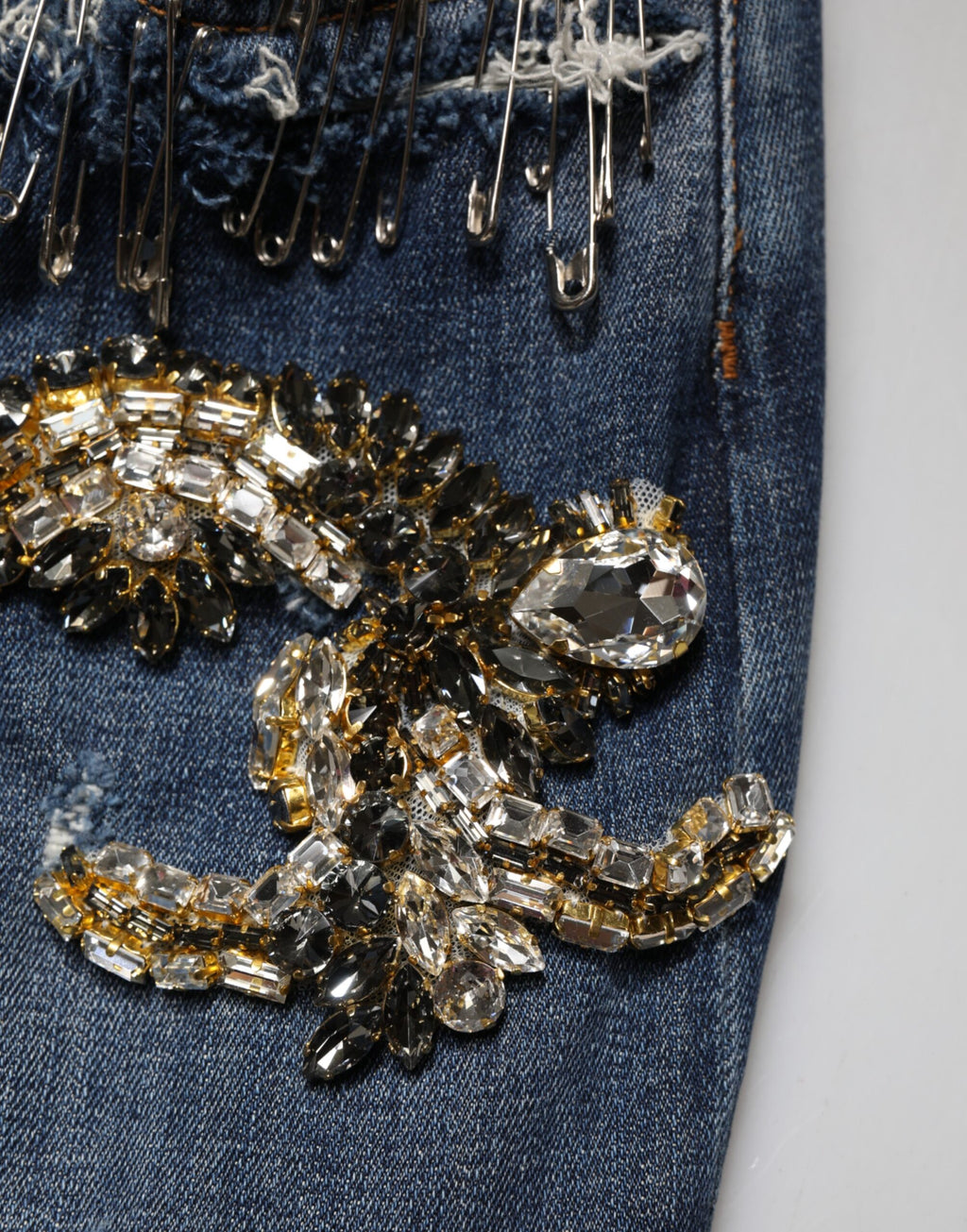 Blue Cotton Rhinestone Embellish Denim Jeans