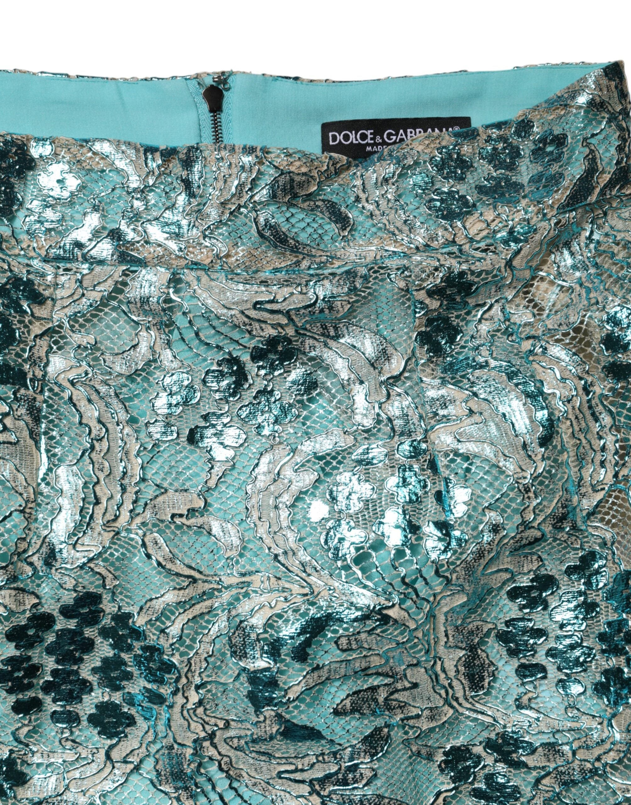 Blue Floral Brocade High Waist Mini Skirt
