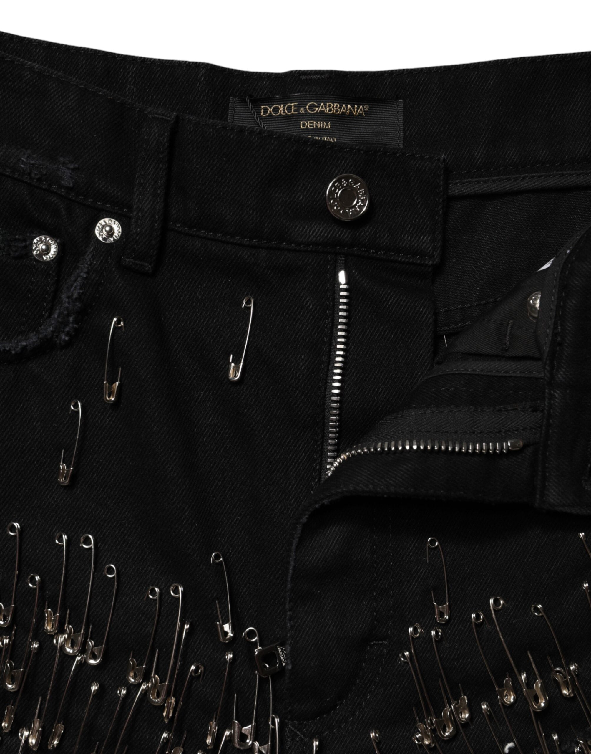 Black Pins Cotton Denim Hot Pants Shorts