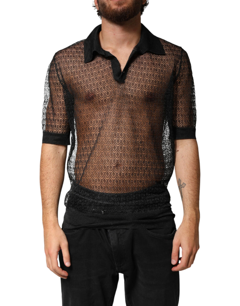 Black Sheer Short Sleeves Casual Polo  Top