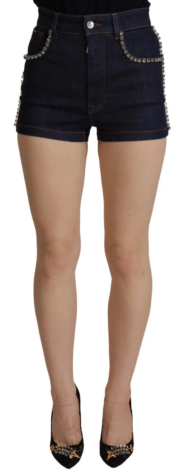 Blue Denim Stretch Crystal Hot Pants Shorts