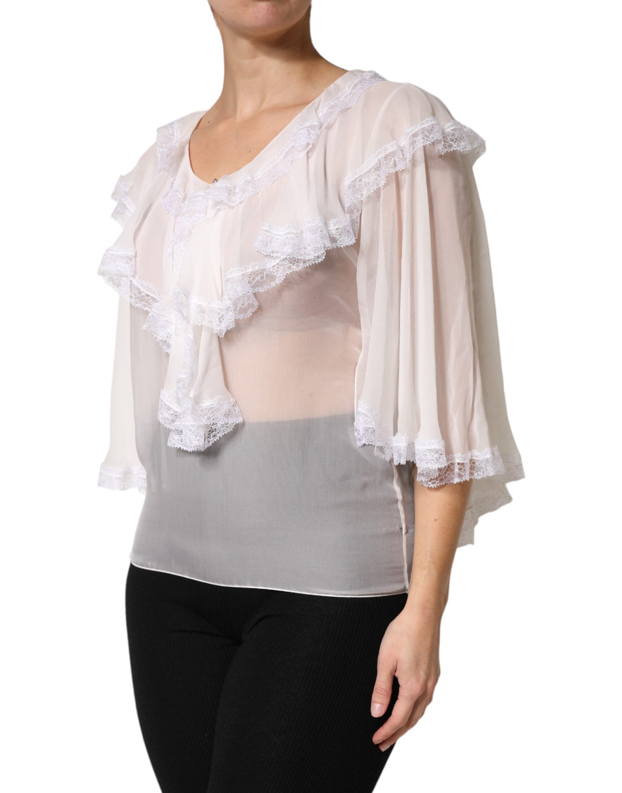 White Ruffles Lace Long Sleeve Blouse Top