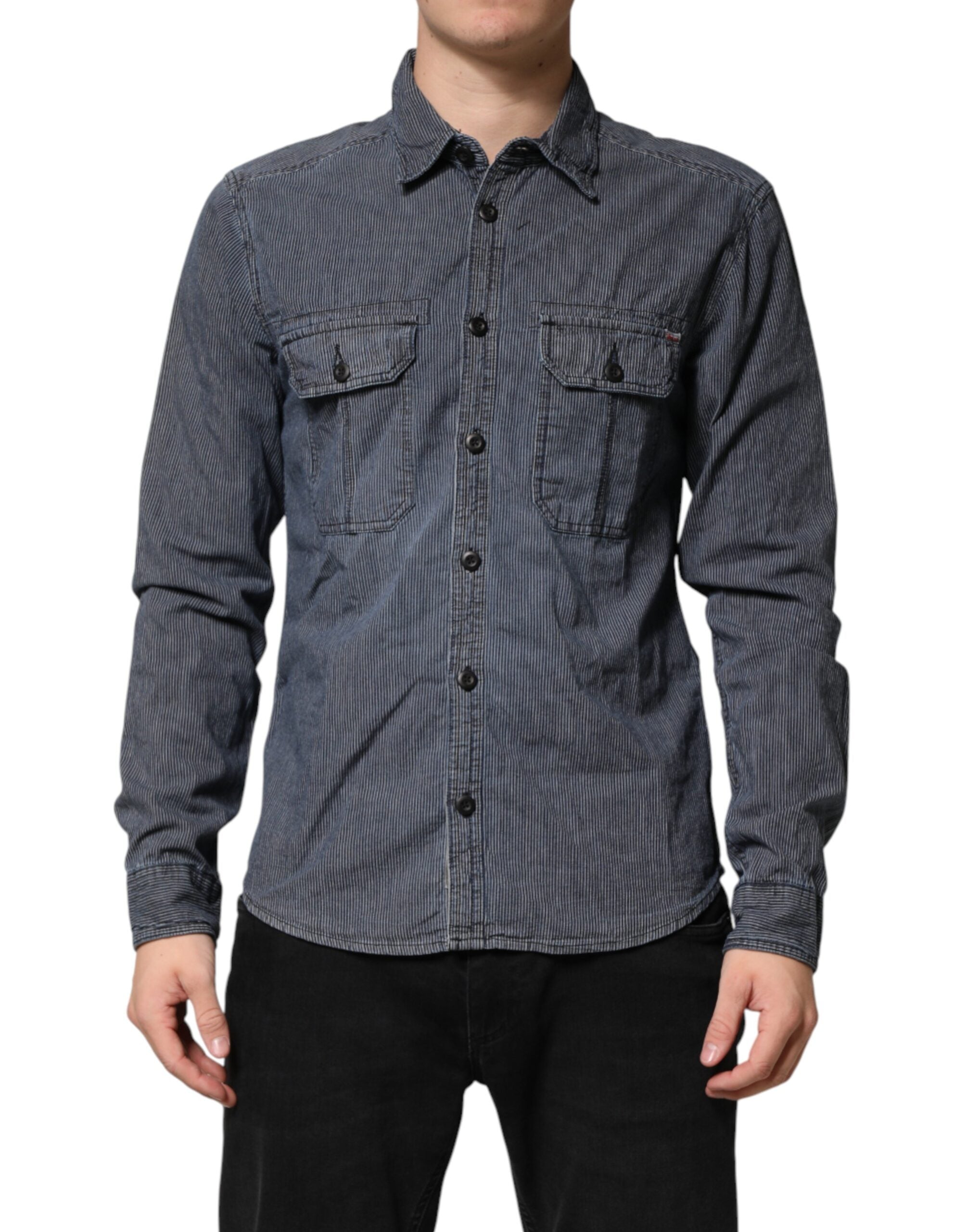Blue White Button Down Long Sleeves Men Denim Shirt