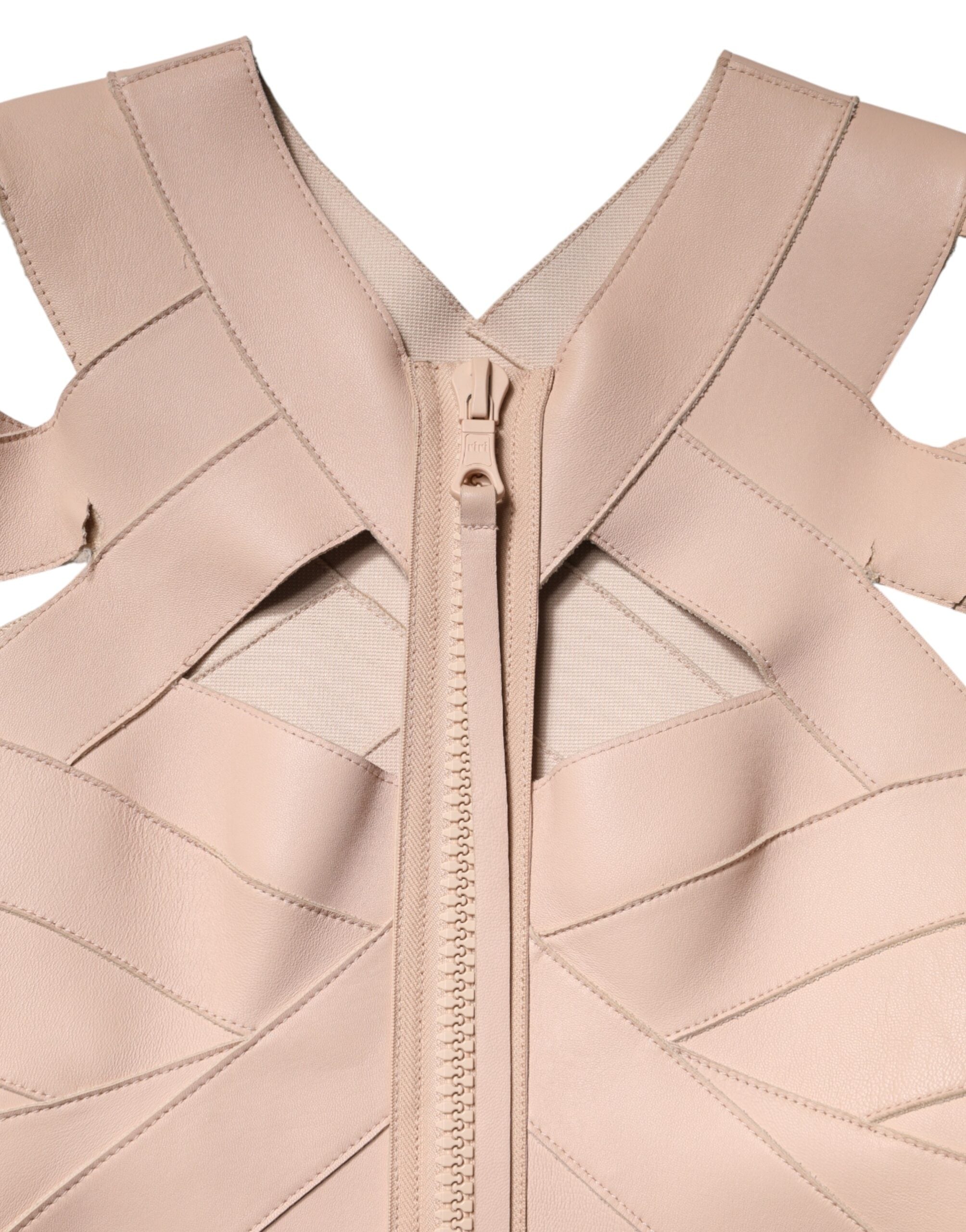 Beige Leather Short Sleeves Sheath Mini Dress